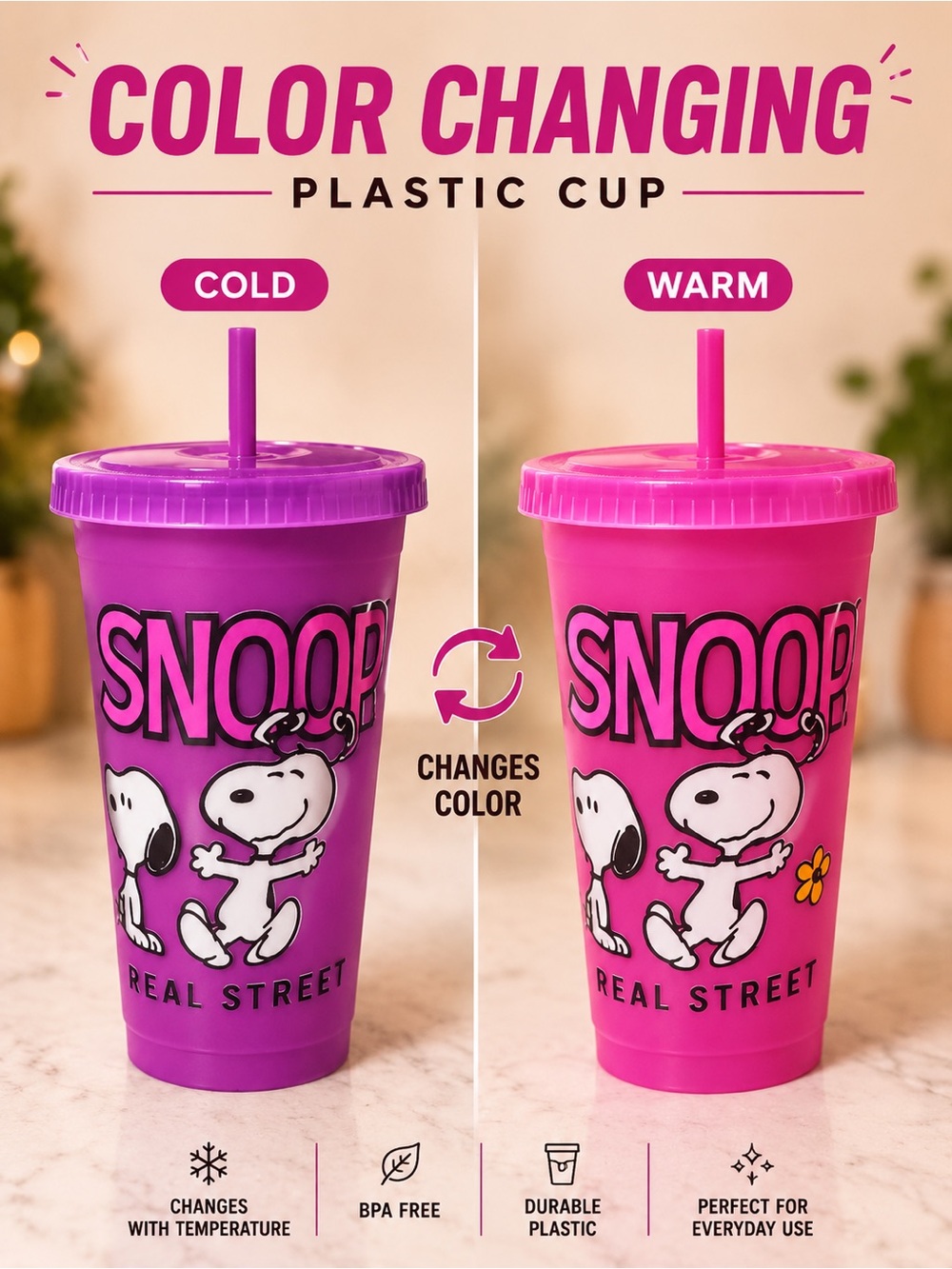Peanuts Pink Snoopy Plastic Tumbler with Straw color changing cup
